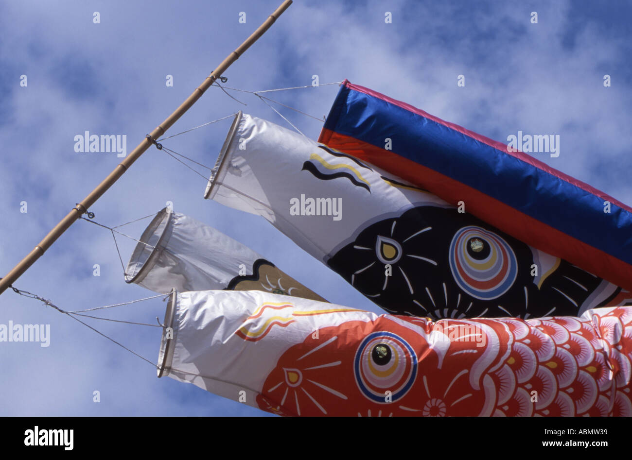 Carp flags flying for boy's day Koinoburi Hokkaido Japan Stock Photo