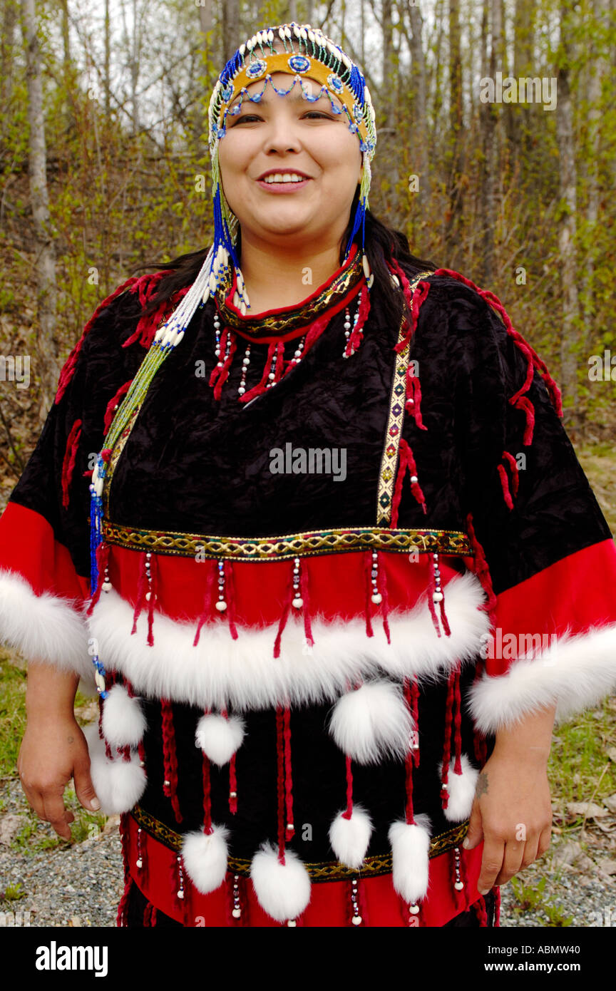 Alaska, Anchorage, Alutiiq woman with beaded headdress Stock Photo