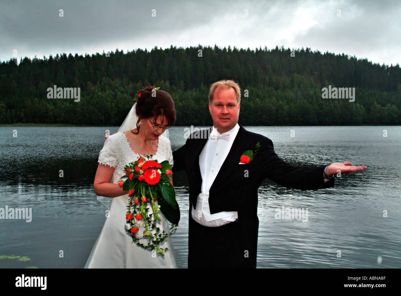 bridal pair in rain at a lake MR Stock Photo