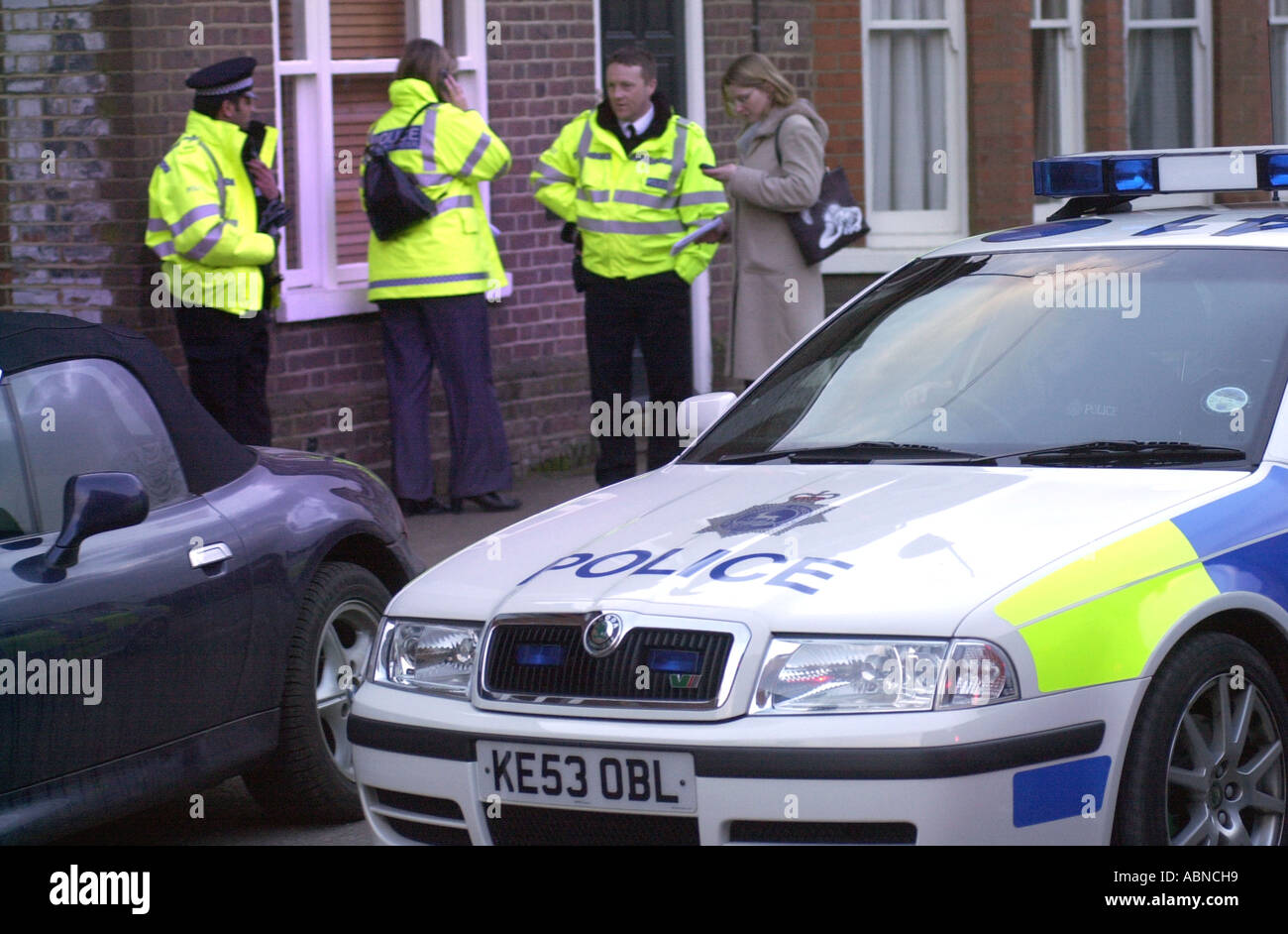 Hertfordshire Police patrol a crime scene after an incident UK Stock Photo