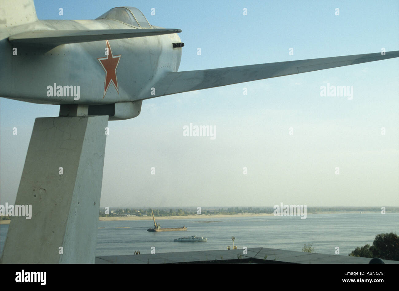 Old fighter plane poised facing the Volga Volgograd Southern Russia