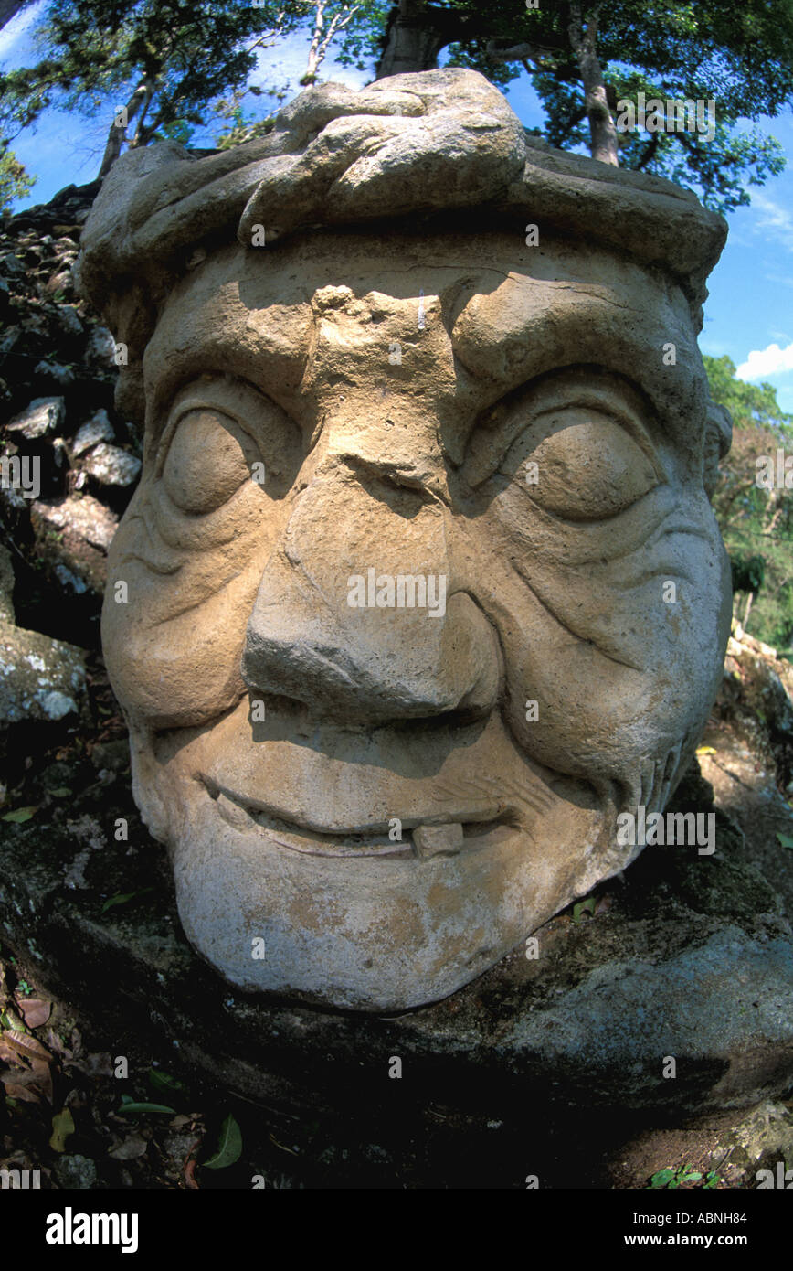 Honduras Copan Ruinas Maya ruins city Stone Head Pahuatun who holds up the sky Mayan sculpture archaeology Stock Photo