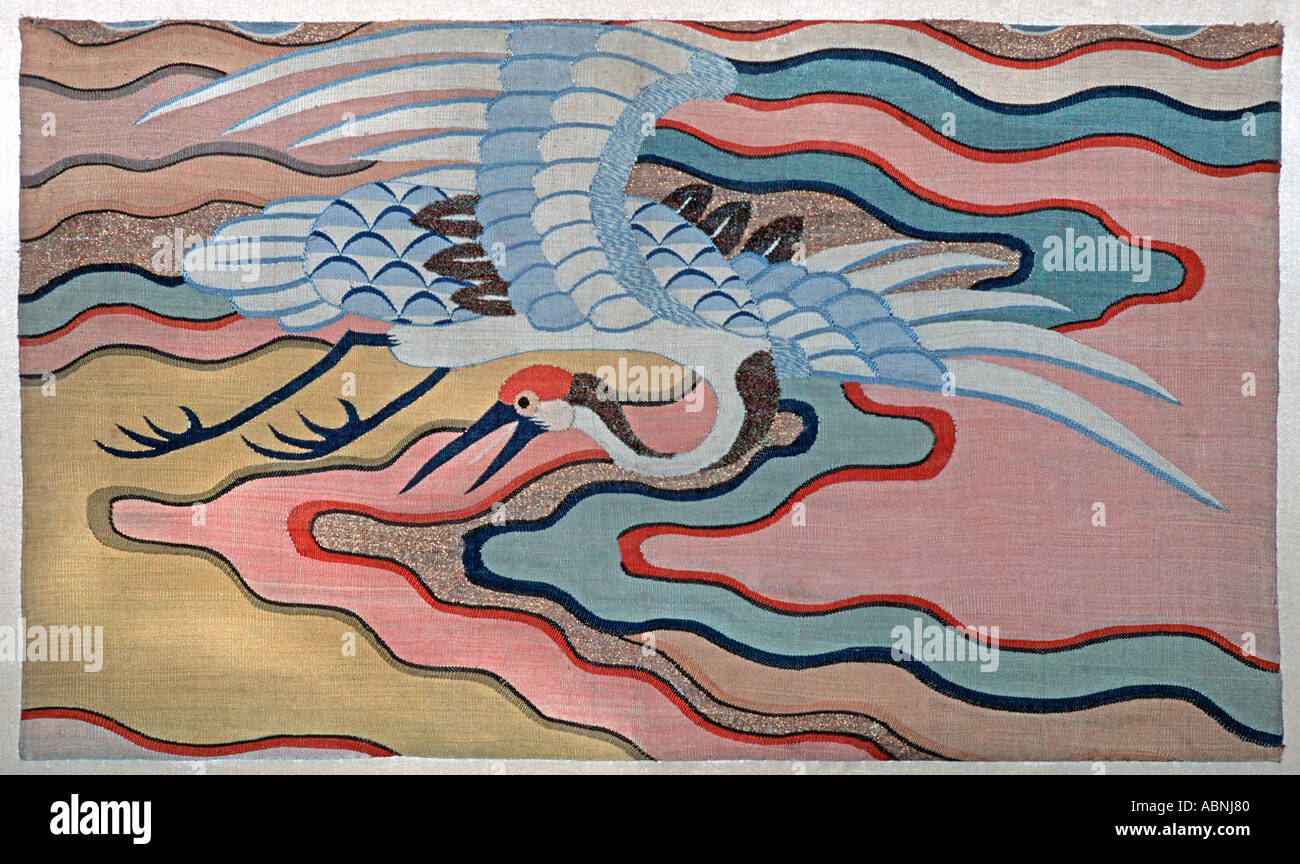 Silk tapestry from China or Japan depicting a crane Stock Photo