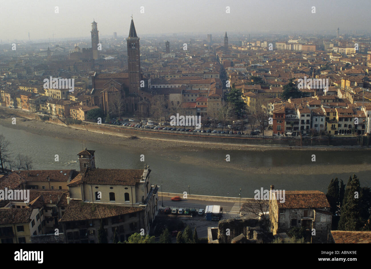 View of the old town of Verona and the Adige river Italy Stock Photo ...