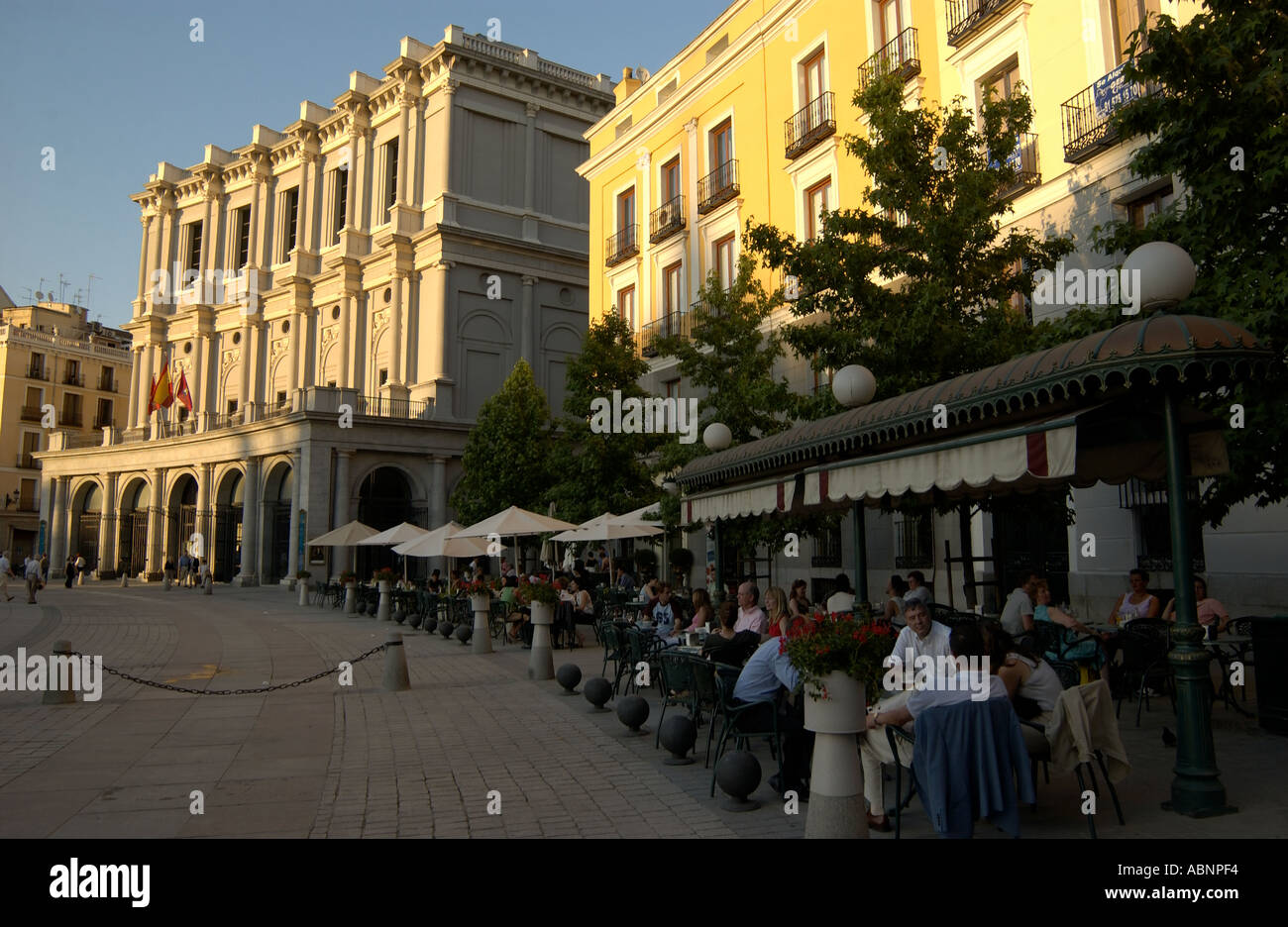 Pavement Cafe s outside the Teatro Real Spanish Royal Opera House Madrid Spain Stock Photo