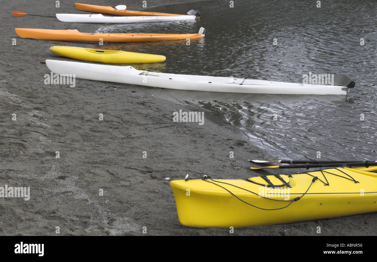Kayaks on ocean beach Nanaimo Vancouver Island British Columbia Stock