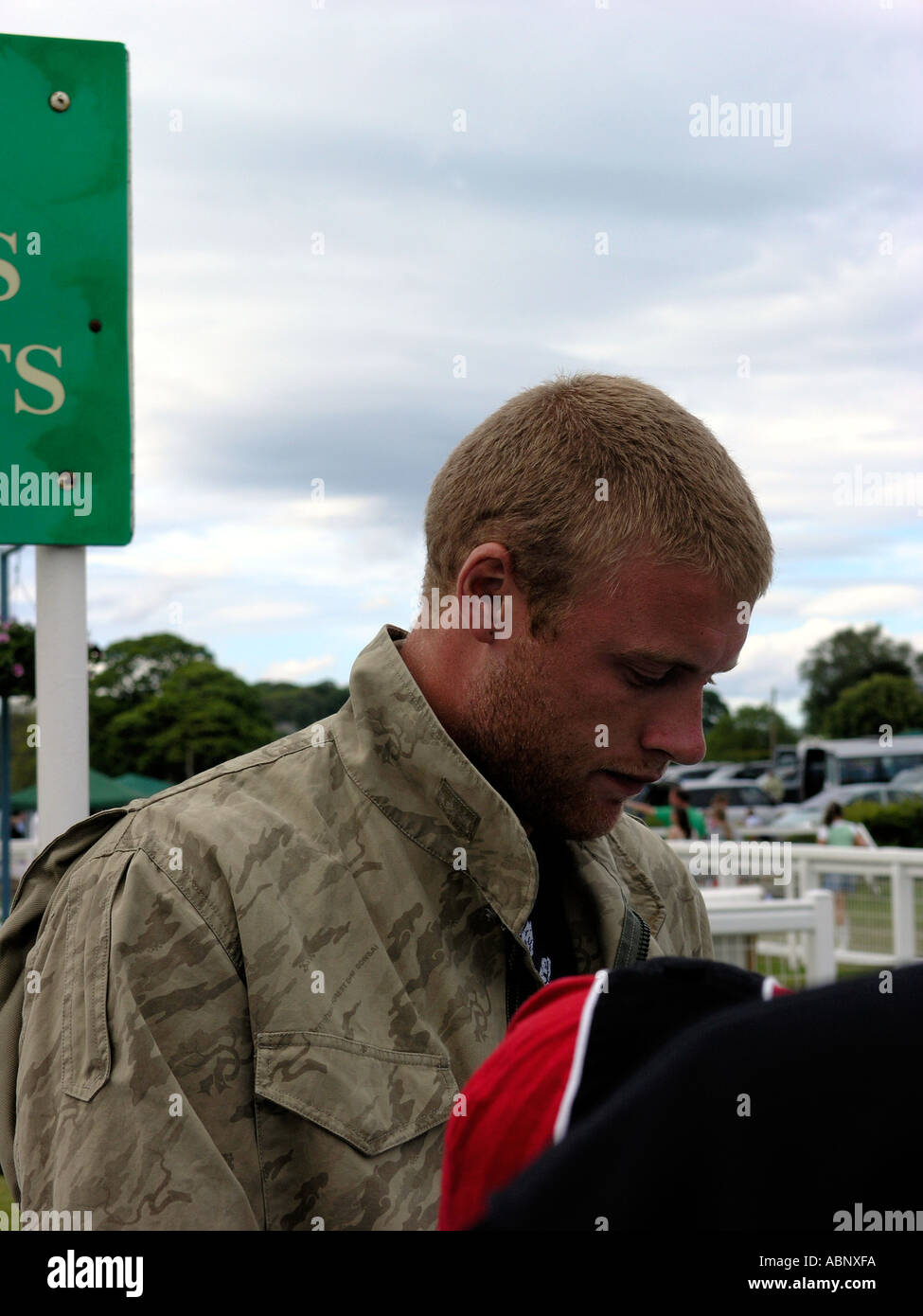 England Cricketer Andrew Flintoff signing autographs at Cartmel races in Cumbria England Stock Photo