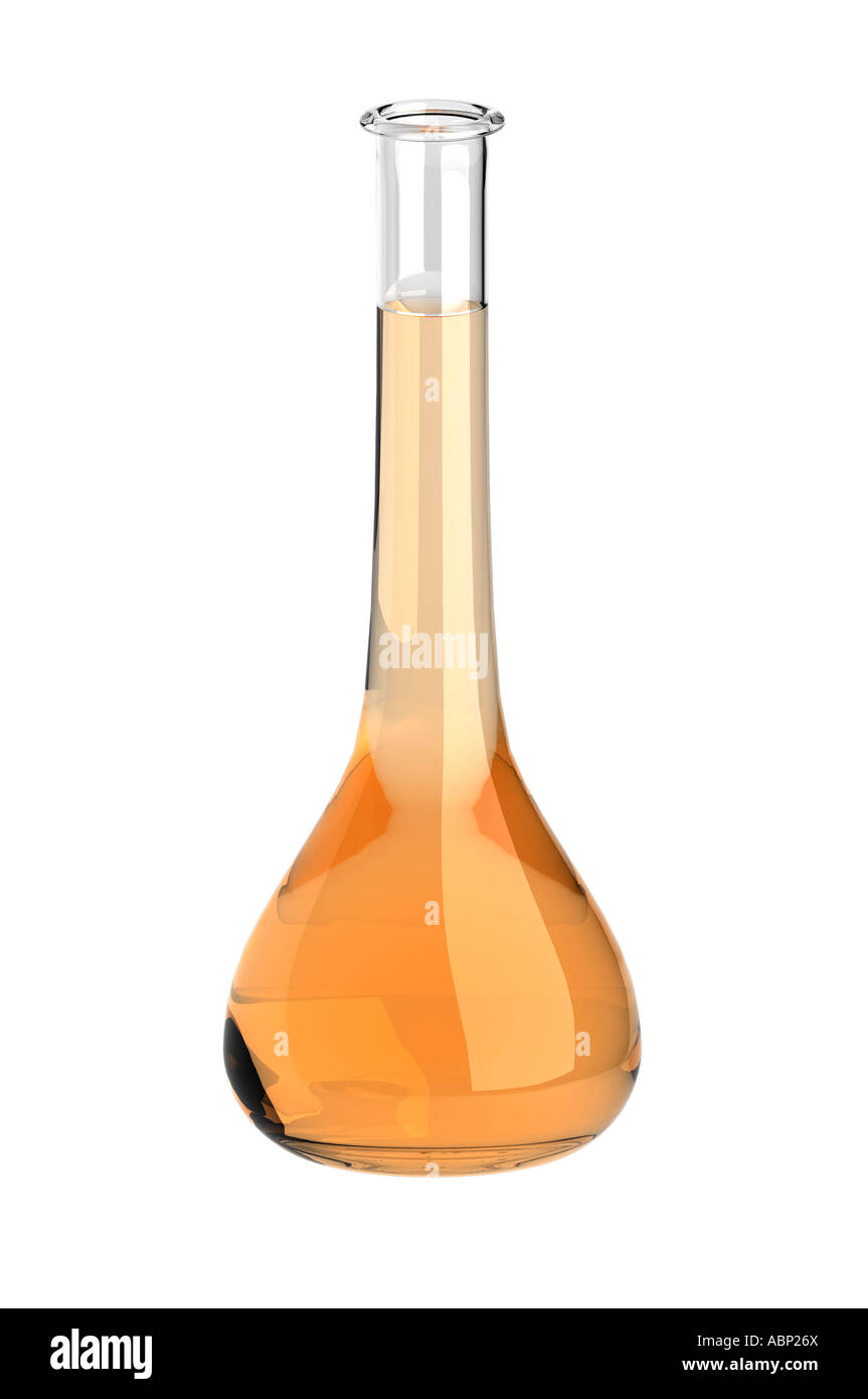 Volumetric flask with orange solution Stock Photo - Alamy