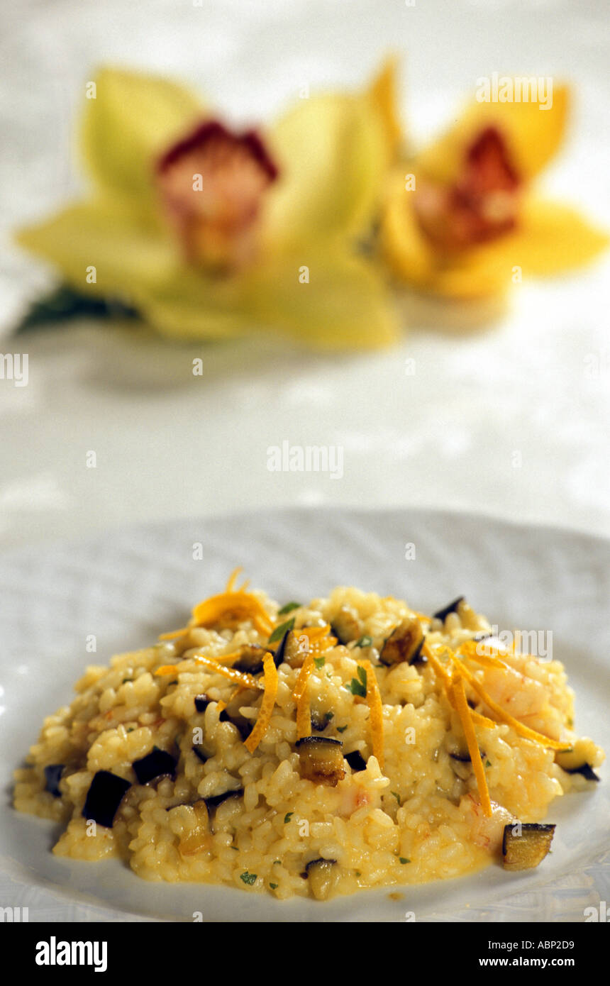 Cryfinish On Rice Rice with crayfish and aubergine Stock Photo - Alamy