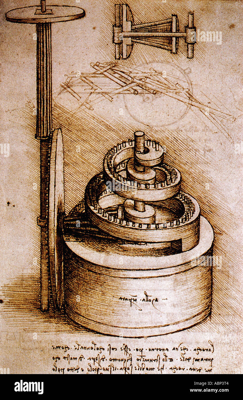 Leonardo da Vinci Study spring drive mechanism time instrument Stock Photo