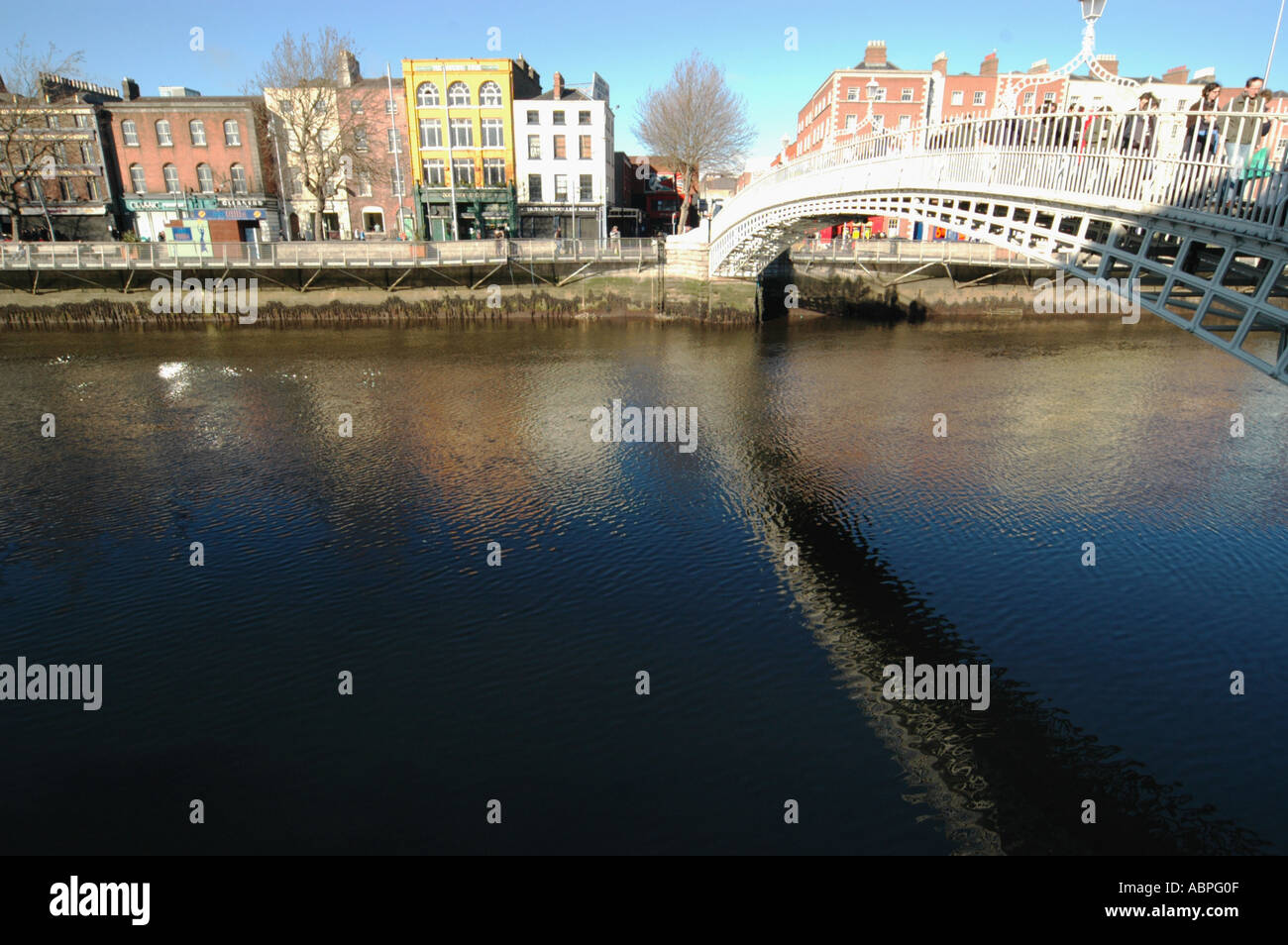 The Ha penny Bridge in Dublin looking at the North Bank of The Liffey ...