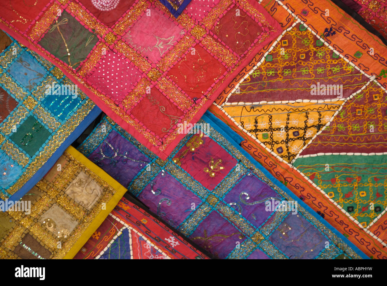 Colourful patterned fabrics, Ronda, Andalusia Stock Photo