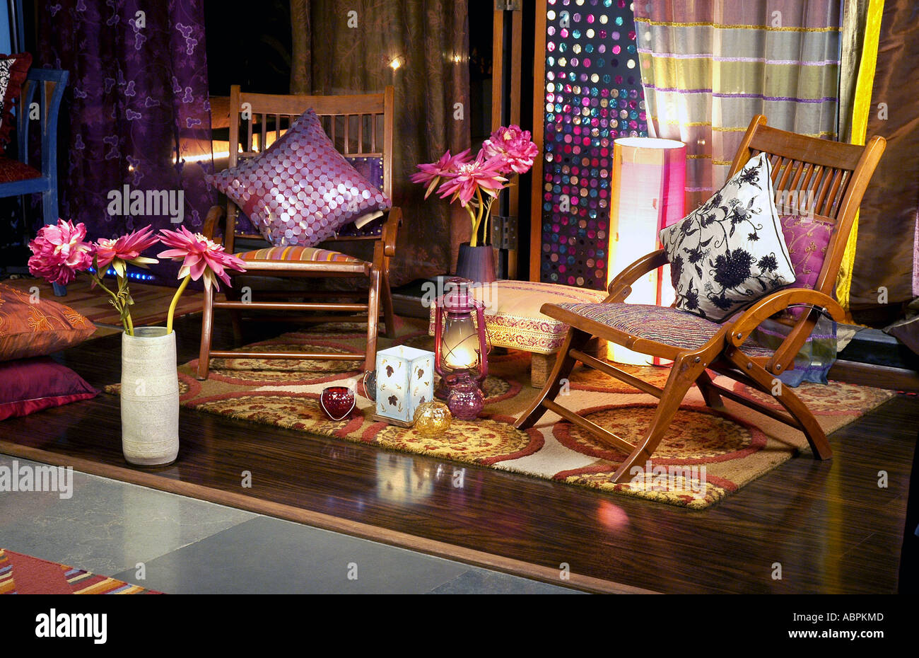 SUB79061 Romantic mood setting on terrace with lotus flowers and lanterns Stock Photo