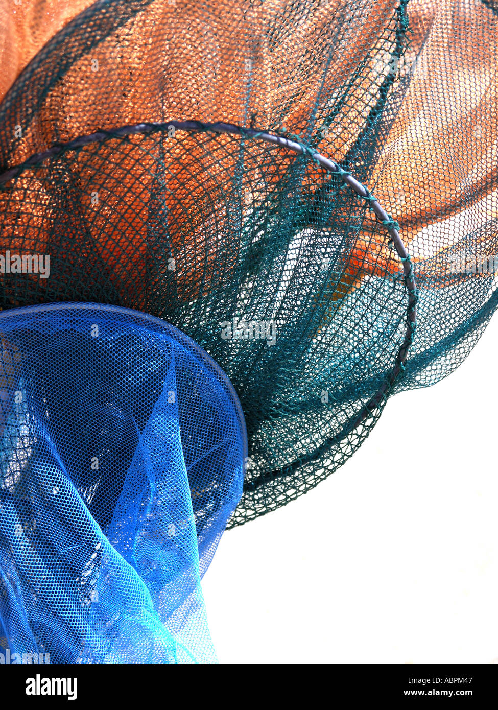 Three childrens fishing nets in bright colours against a white