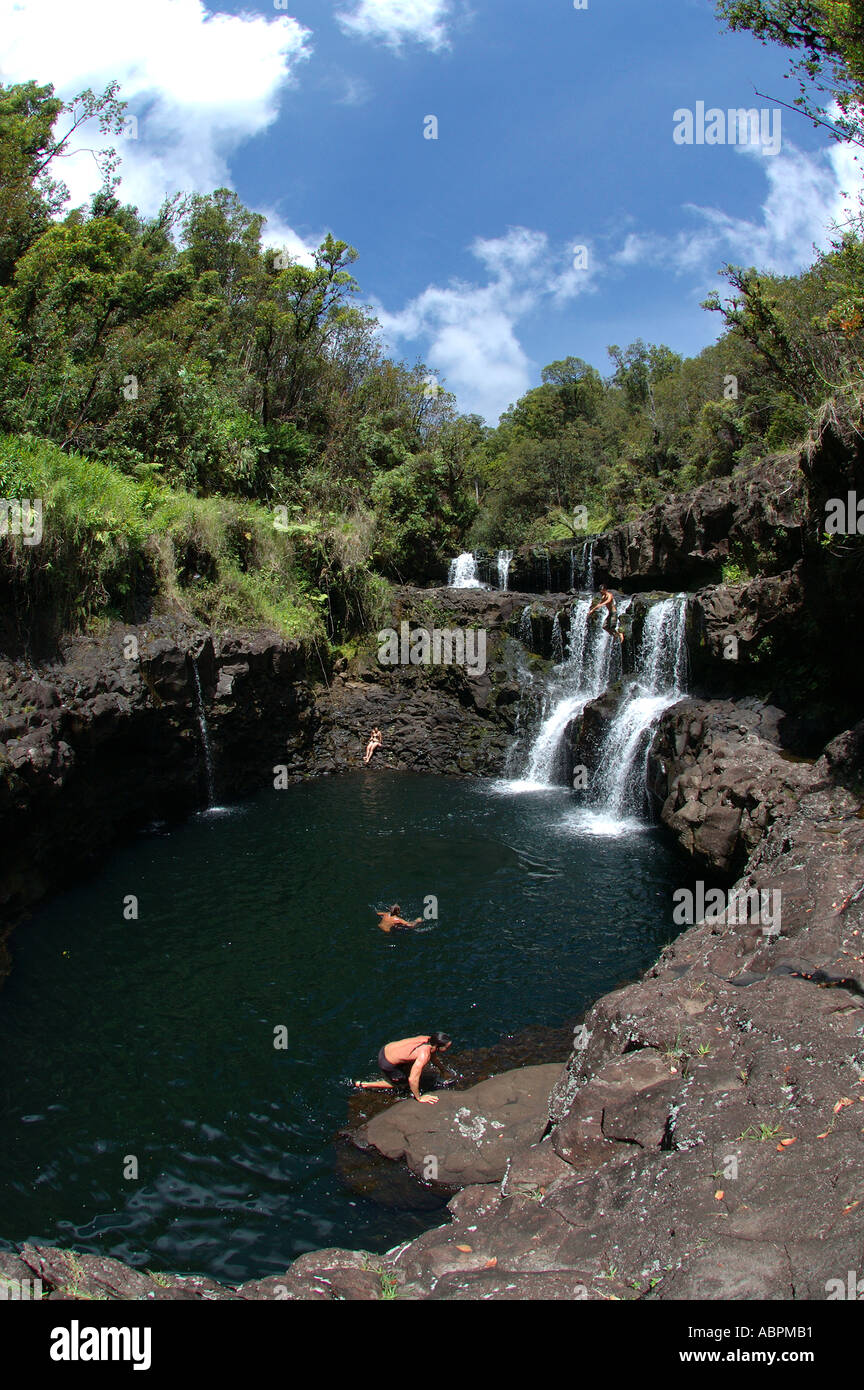 Hikers enjoying a swim just up stream of Akaka falls Hilo Hawaii Stock Photo Alamy