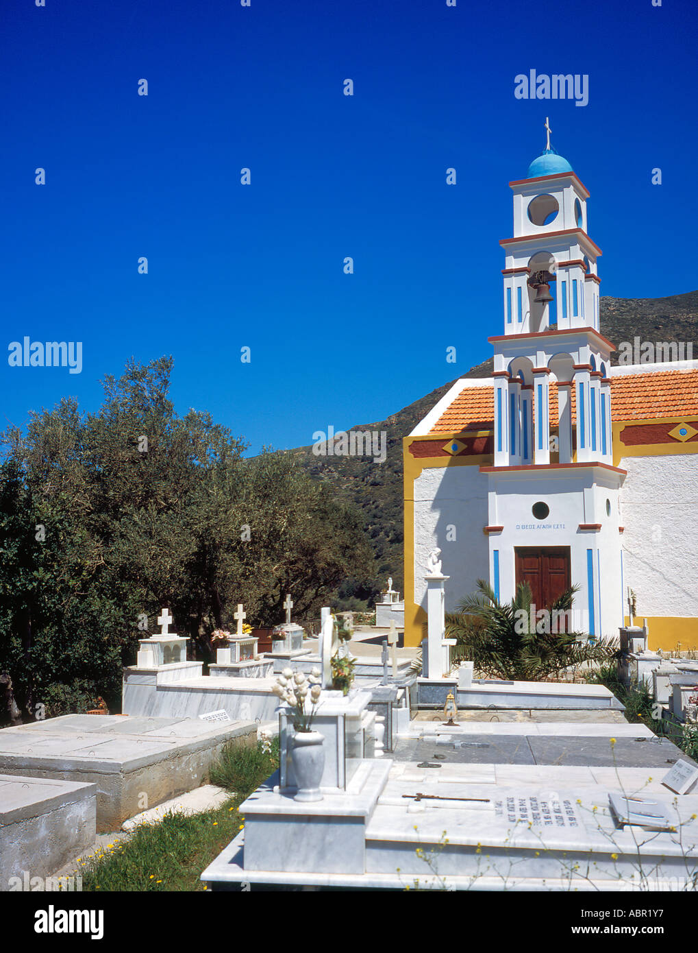 church and cemetery at Keramoti  West Crete Greece Europe.  Photo by Willy Matheisl Stock Photo