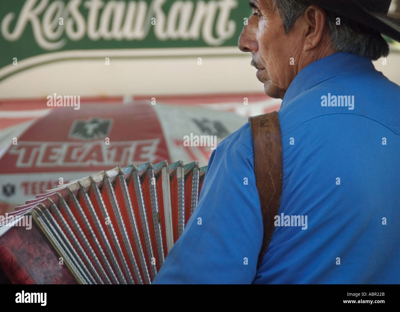 Accordion player performs in a Mariachi band in the town square in