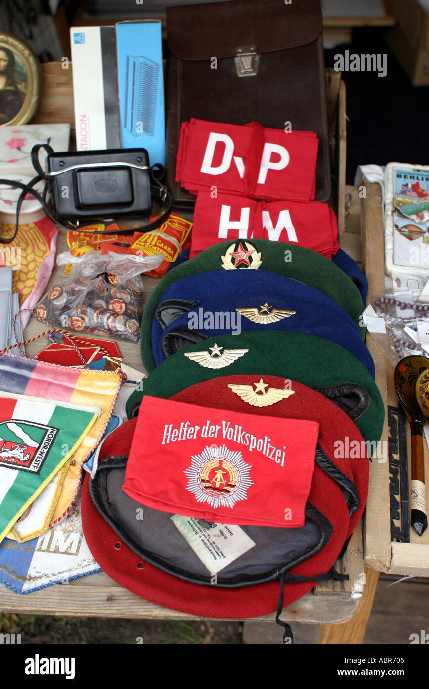 Souvenirs from the old East German communist regime on sale by the Berlin Wall Stock Photo