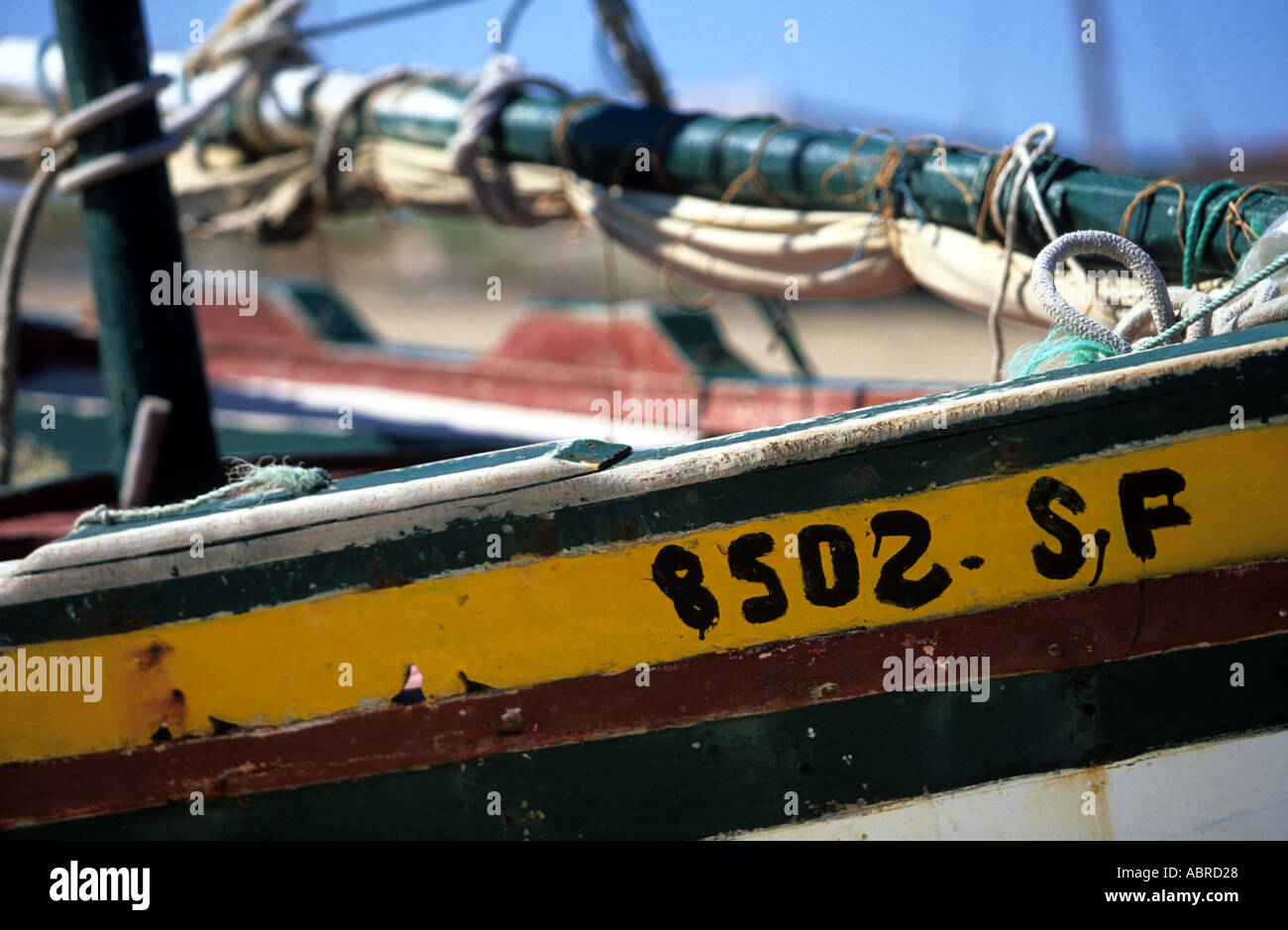 Wooden fish boat in typical colors in Tunisia Stock Photo