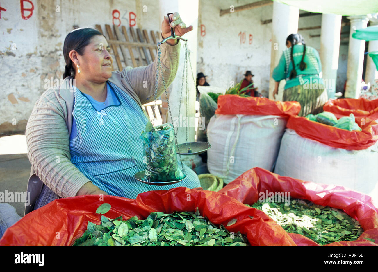 Vendor selling coca leaves at Tarabuco market The raw ingredient for cocaine Legally sold and consumed in the Andes Bolivia Stock Photo