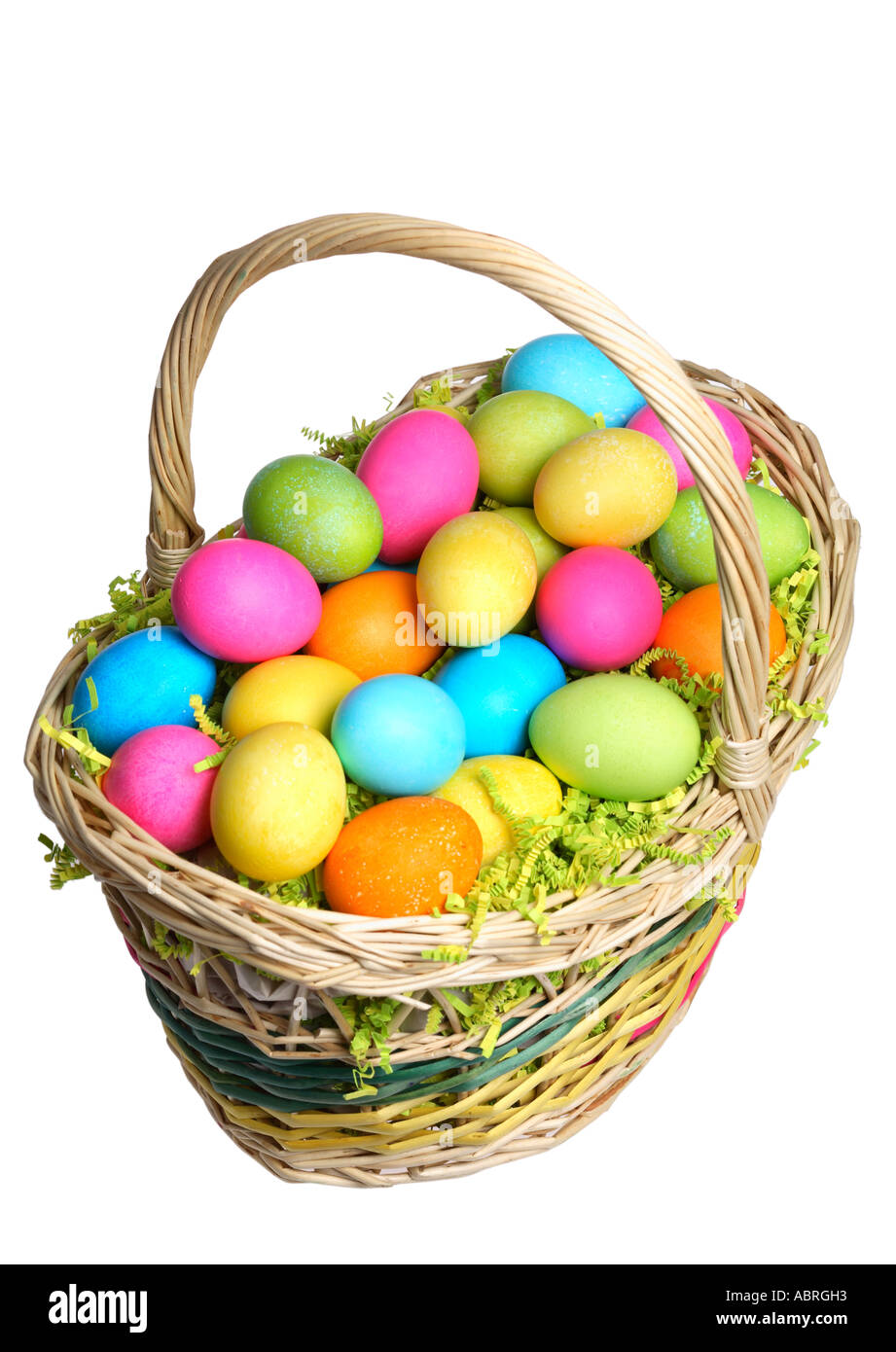 Colorful dyed easter eggs in basket Stock Photo