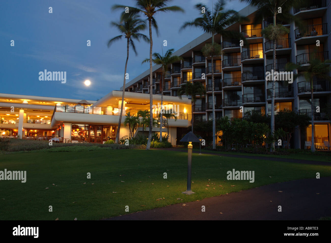 Marriott Resort and the full moon Waikoloa Beach The Big Island of Hawaii Stock Photo
