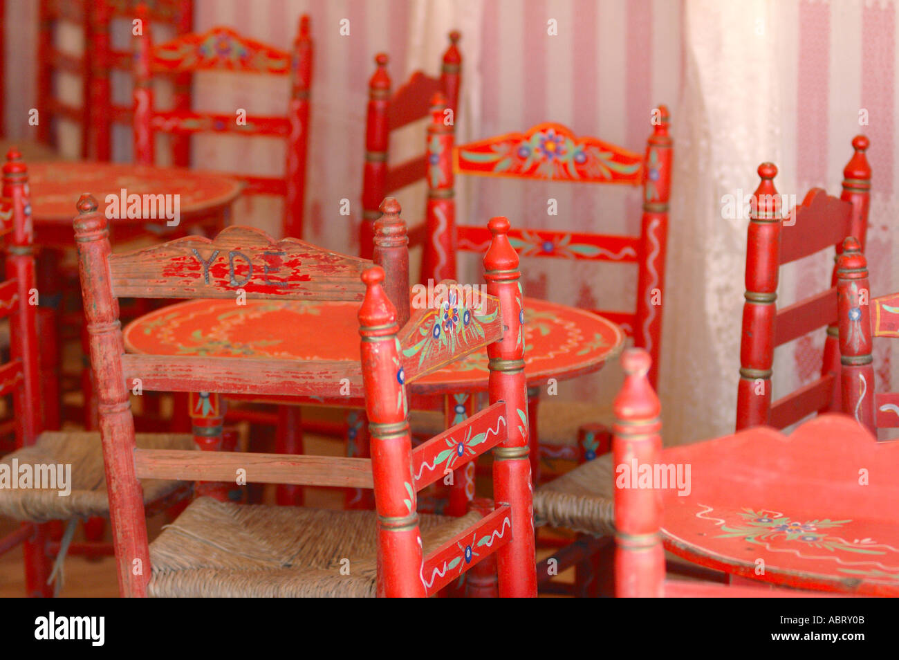 Traditional painted chairs in a caseta at the April Fair seville Andalusia  Spain Stock Photo - Alamy