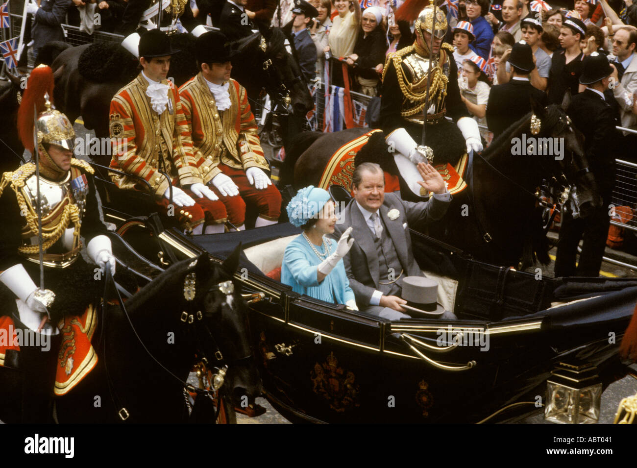 Queen Elizabeth and Earl Spencer in open top carriage after Royal Wedding of Prince Charles to Lady Diana Princess of Wales London UK July 1981 Stock Photo