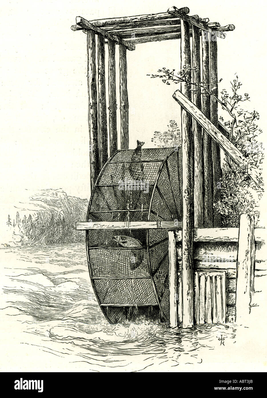 A Salmon Wheel on the Columbia River, 1891, USA Stock Photo