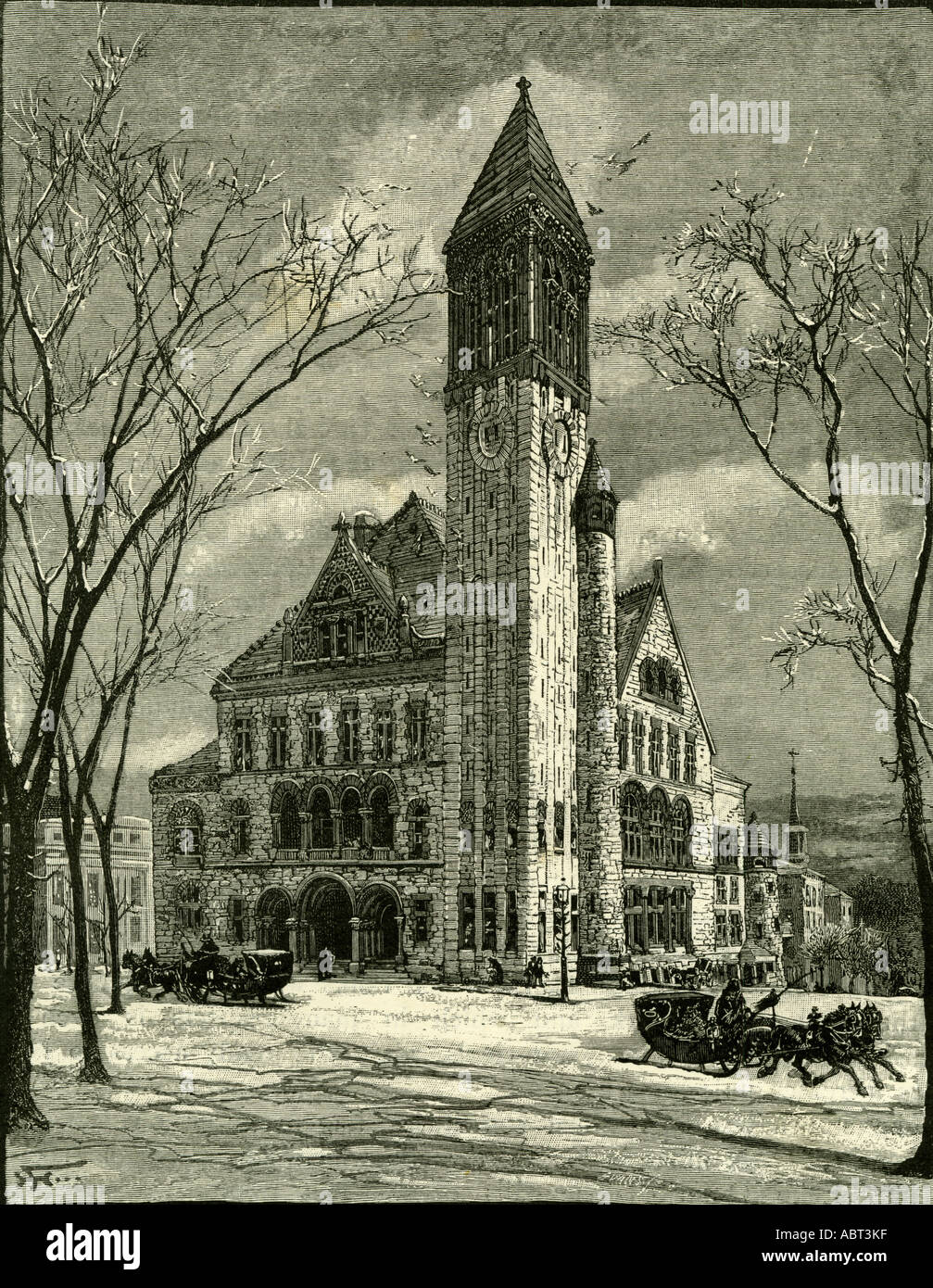 The City Hall, Albany, 1891, USA, Horse and carriage, Sledge, Snow, Winter Stock Photo