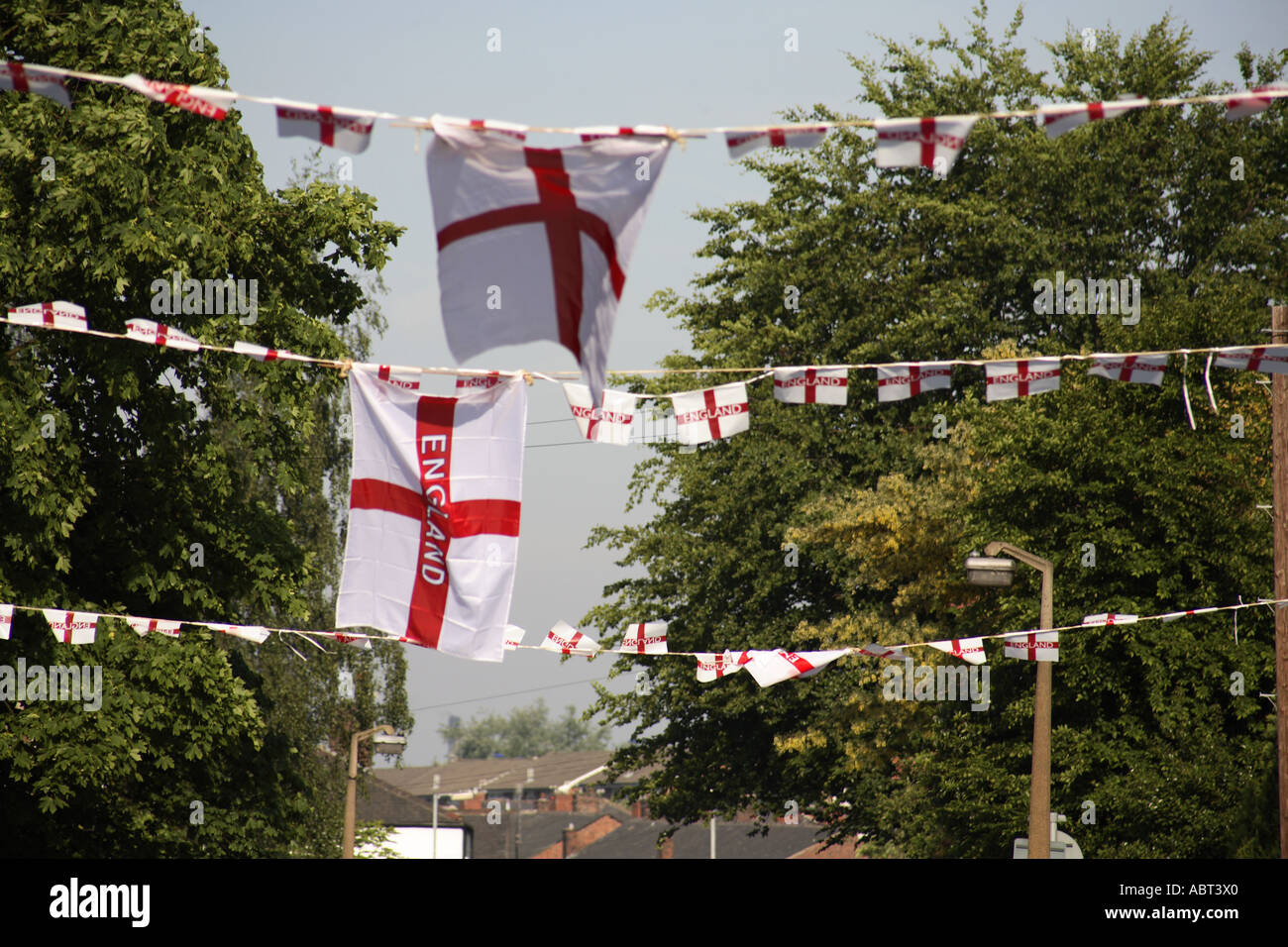 Patriotic scene of England flags and buntings on a street in the North