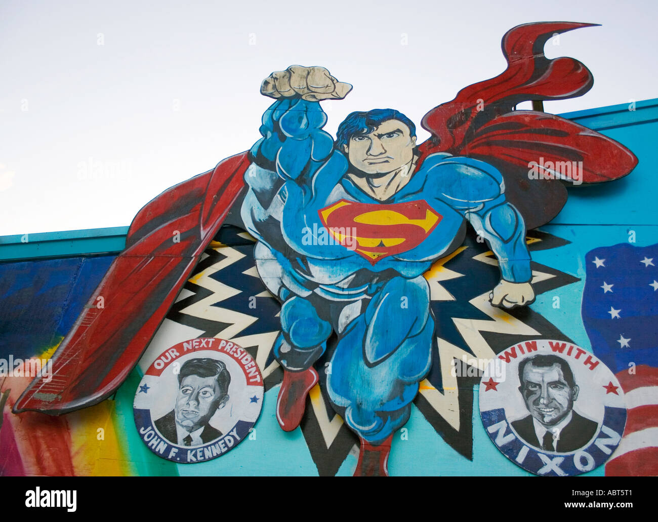 Superman and old political campaign buttons billboard at Wild Bill store in Middletown Connecticut Stock Photo
