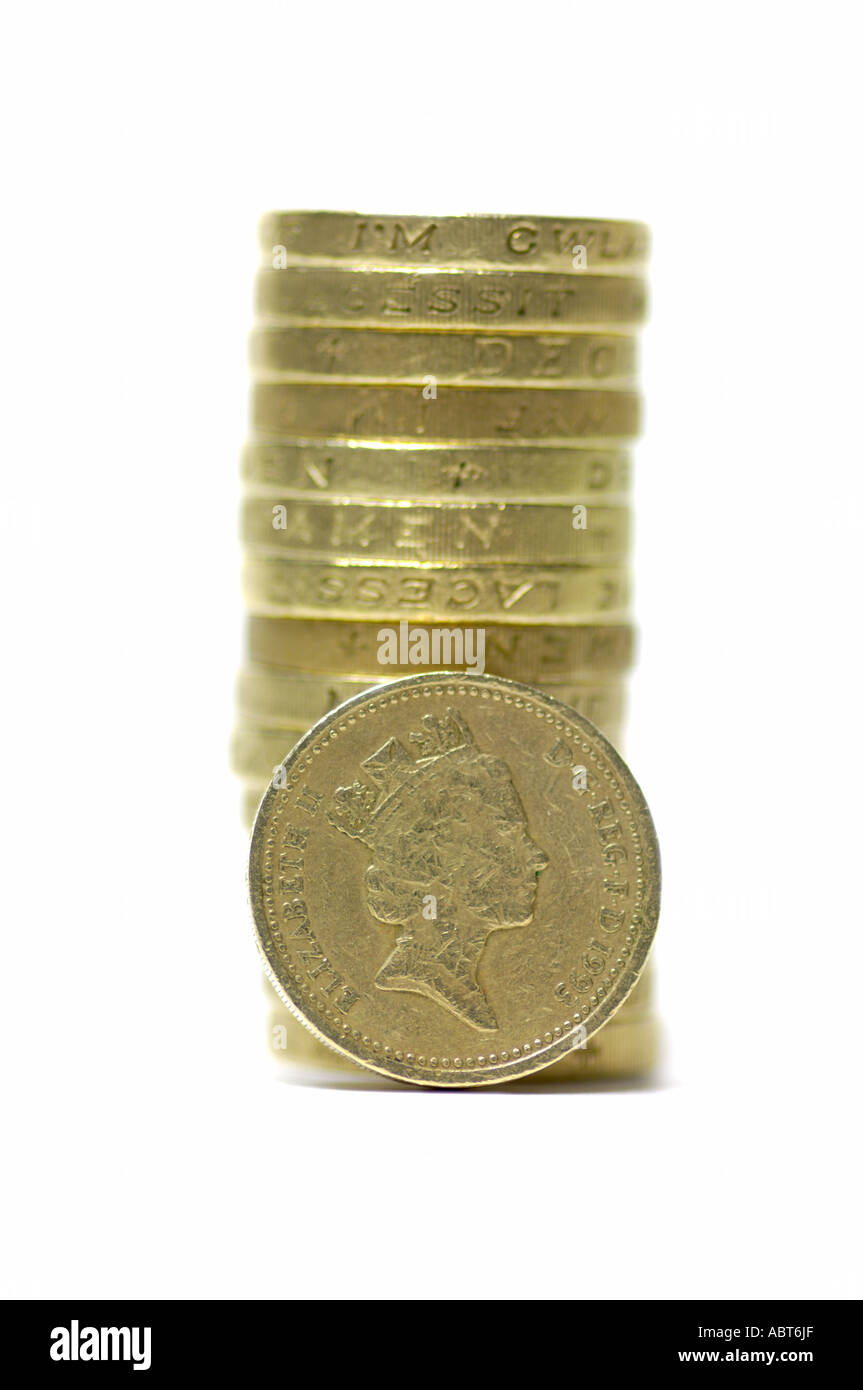 Wobbly stack of pound coins Stock Photo