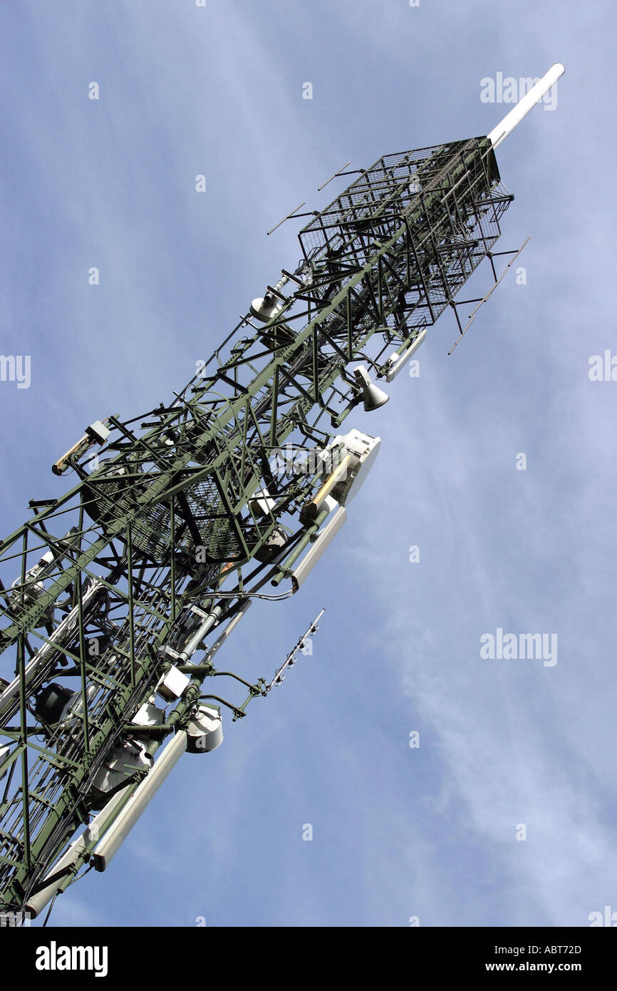 Broadcasting equipment on a radio transmissions tower Stock Photo