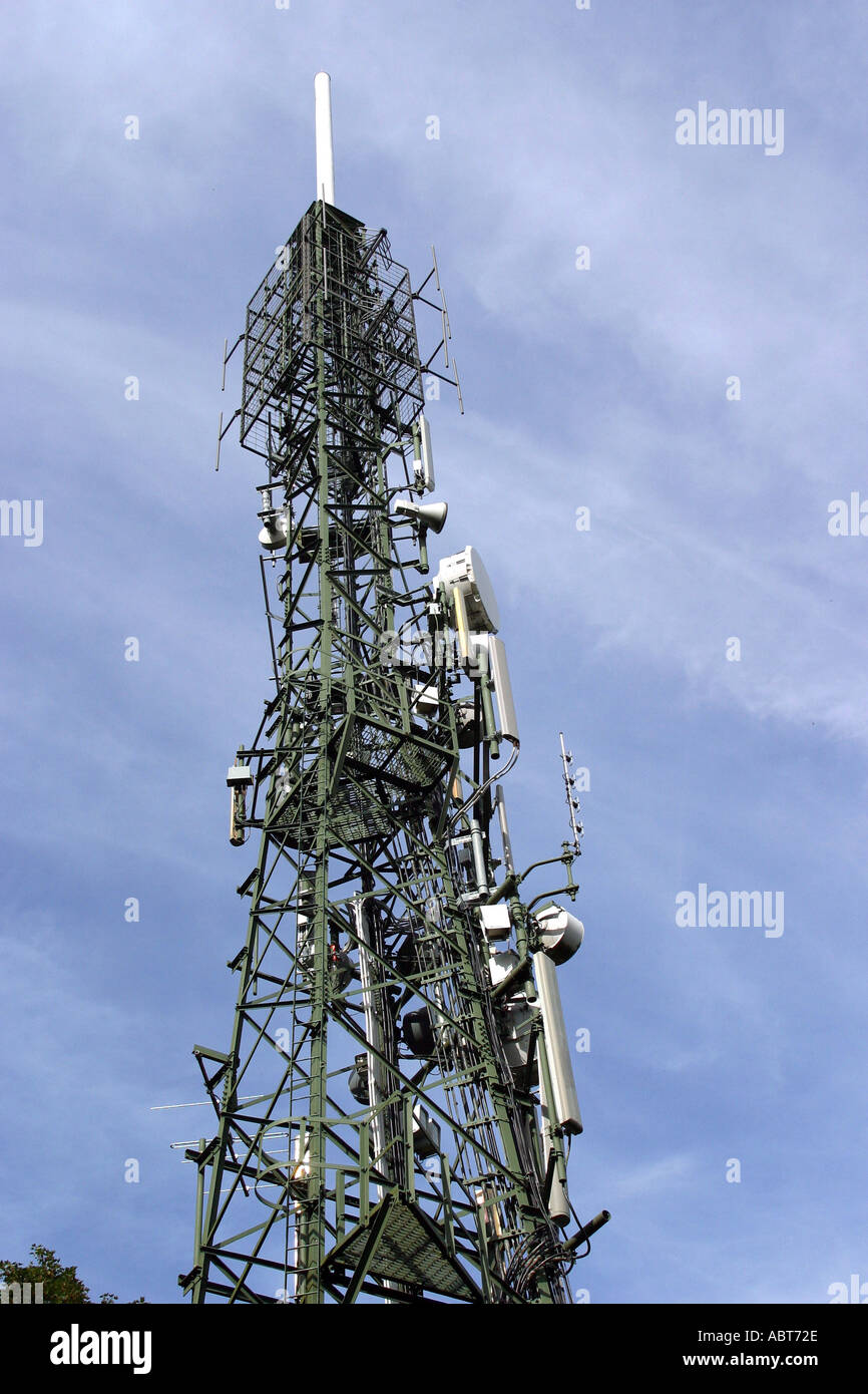 Broadcasting equipment on a radio transmissions tower Stock Photo Alamy