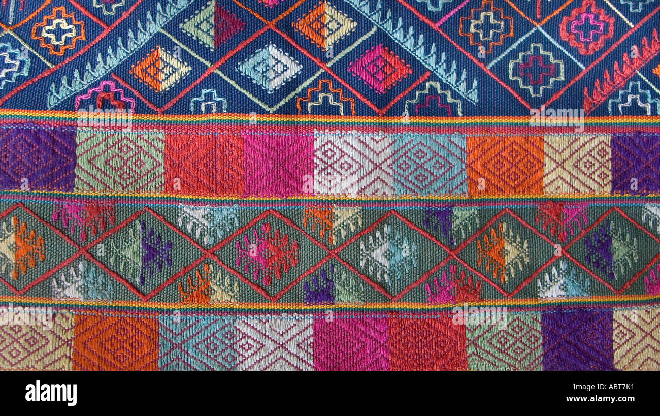 Bhutanese brocaded fabric with silk supplementary weft brocading Woven on a hip strap loom Bhutan Stock Photo