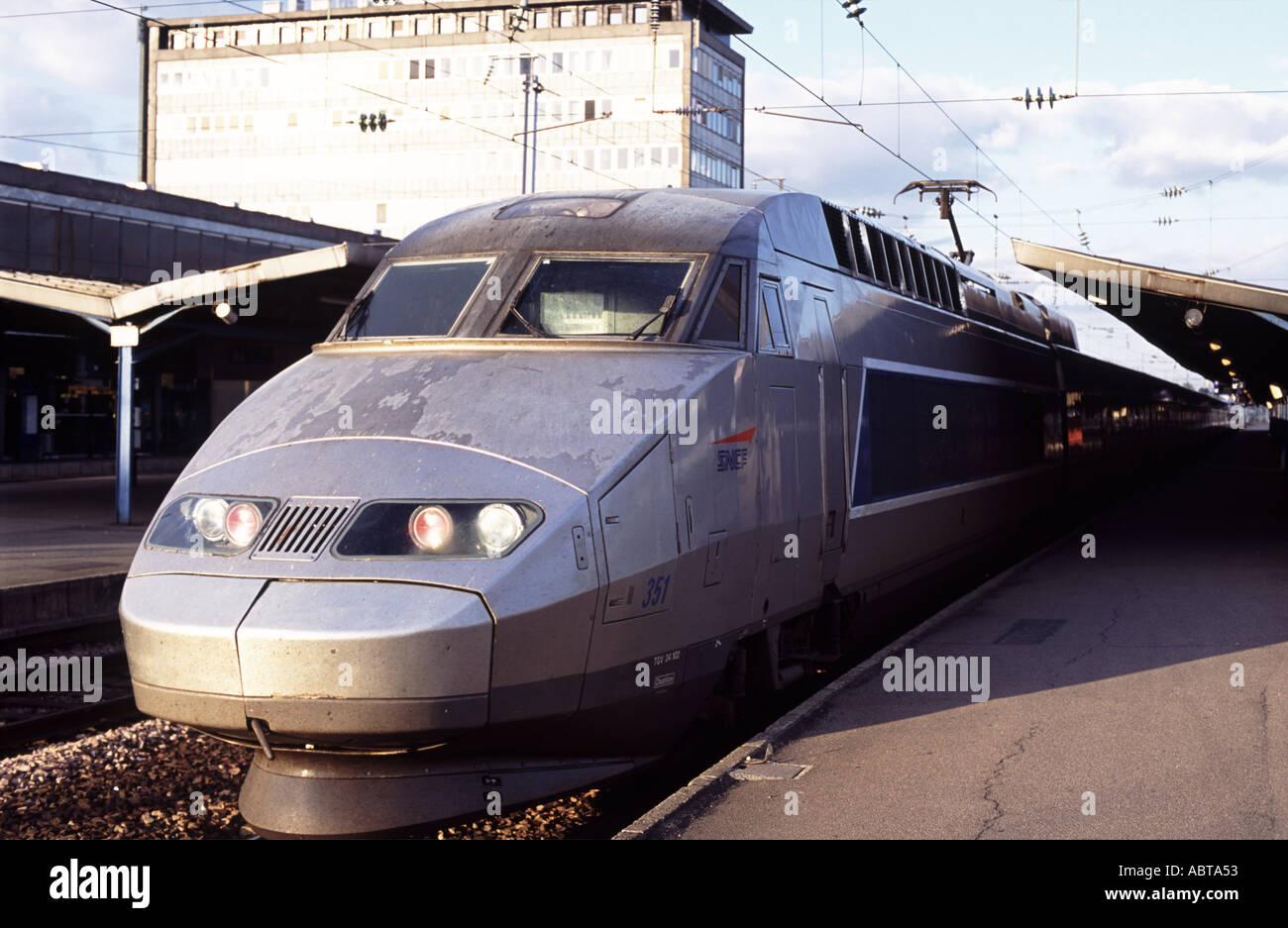 TGV passenger train leaving Nantes station for a highspeed express