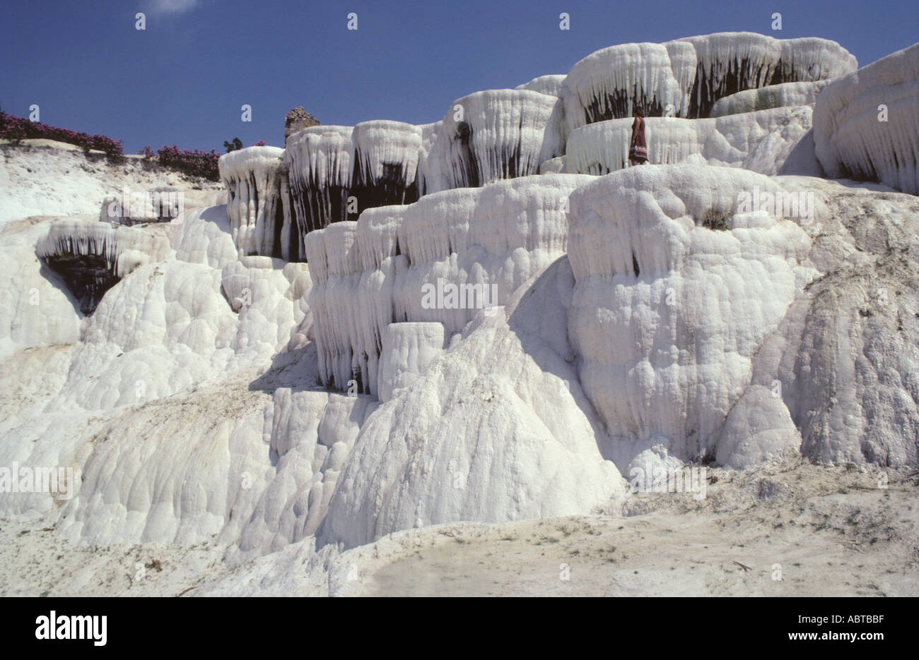 Pamukkale The cotton castle Petrified cascades of calcite from the evapouration of hot springs next to ancient Roman Hierapolis Stock Photo