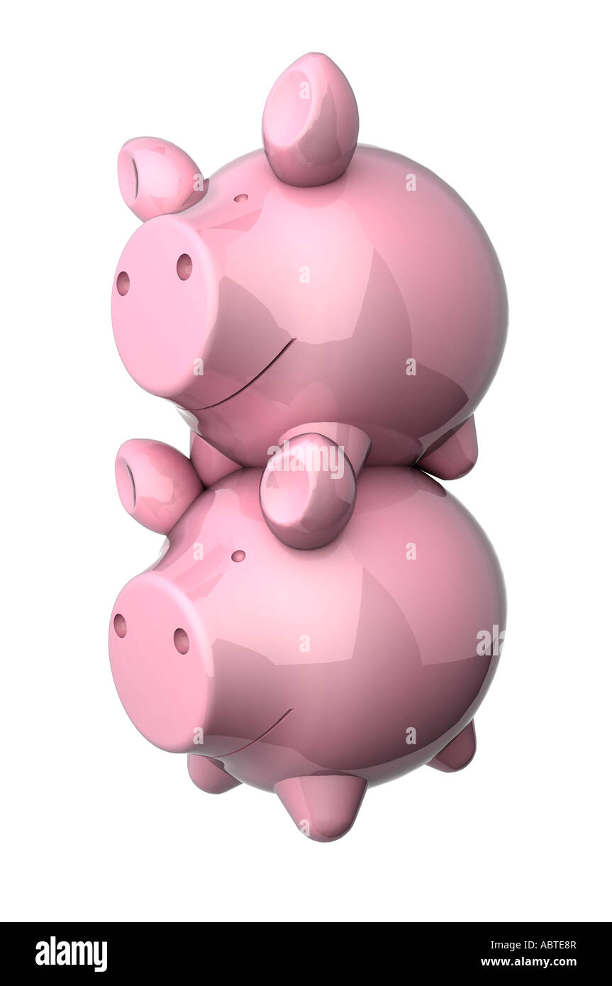 Stack of 2 piggy banks signifying double savings Stock Photo