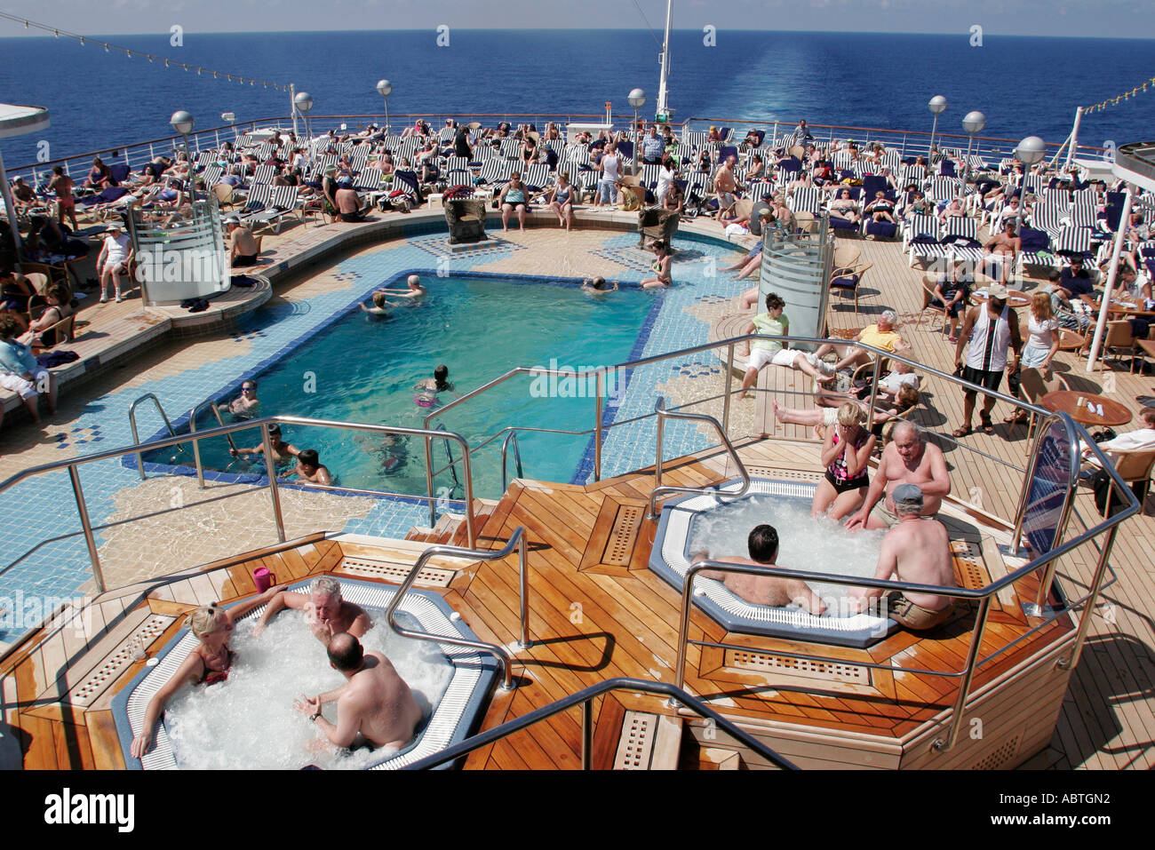 New York City,NY NYC,Atlantic Ocean,water,Holland America Line,10 ten day Eastern Caribbean cruise,5 five stops,ports of call,ms Noordam,ship,Lido Dec Stock Photo