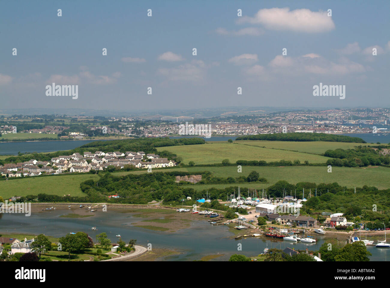 View Towards Saltash Royal Albert Bridge and Plymouth From Above Torpoint Cornwall England United Kingdom UK Stock Photo