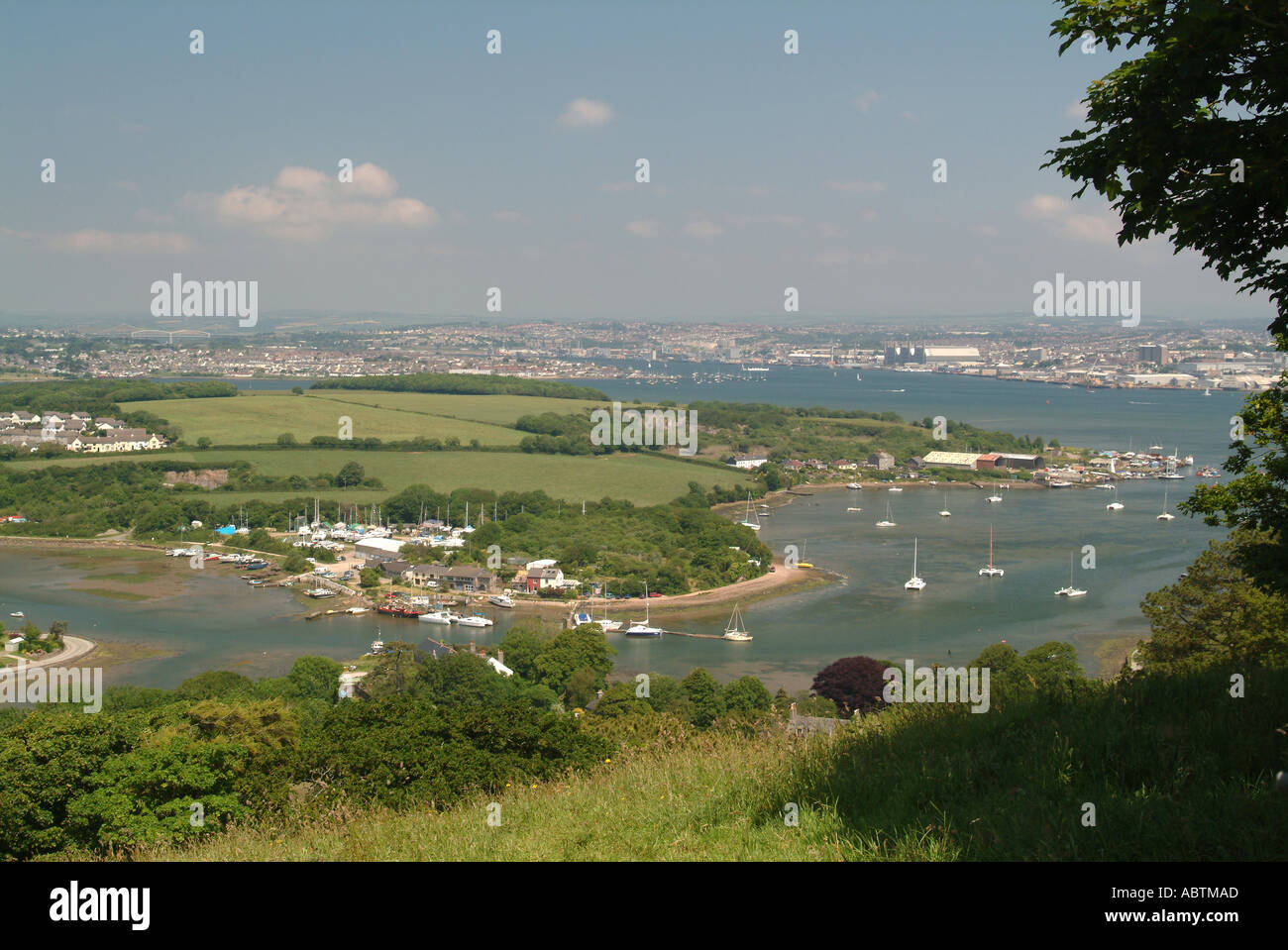 View Towards Saltash Royal Albert Bridge and Plymouth From Above Torpoint Cornwall England United Kingdom UK Stock Photo