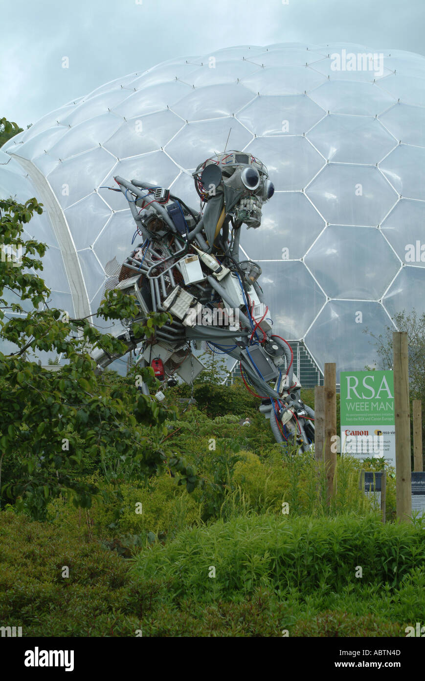 The Warm Temperate Biome and WeeeMan Statue at Eden Project St Austell Cornwall England United Kingdom UK Stock Photo