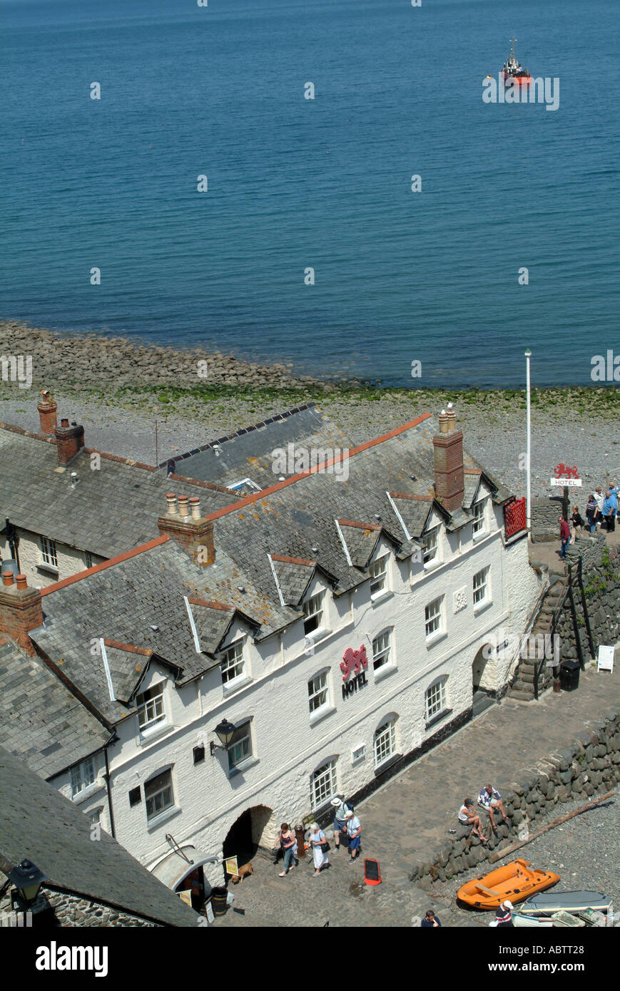Aerial View of Red Lion Hotel and Shingle Beach at Clovelly Fishing Village North Devon England United Kingdom UK Stock Photo