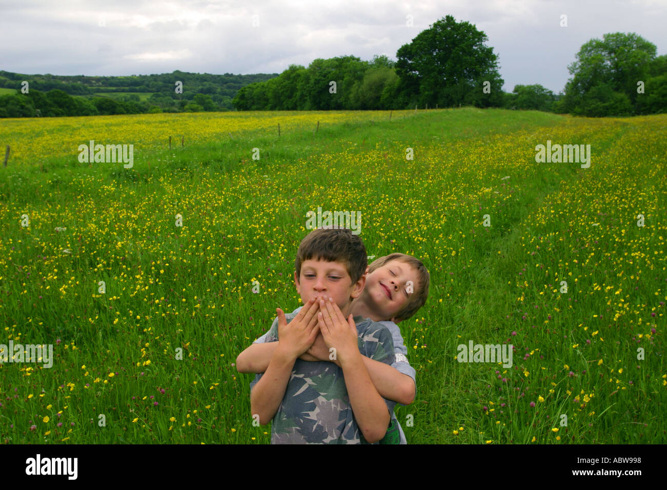 Boys playing in a field in Dorset, UK. Stock Photo