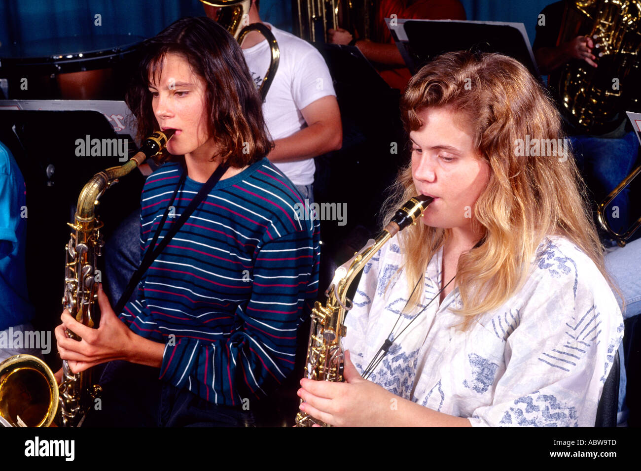 Students practising instruments in high school band class at school Stock Photo Alamy
