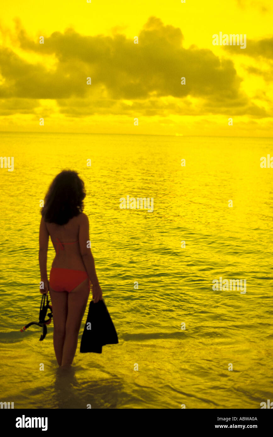 Snorkeling Woman at Water s Edge with Yellow Sky Stock Photo