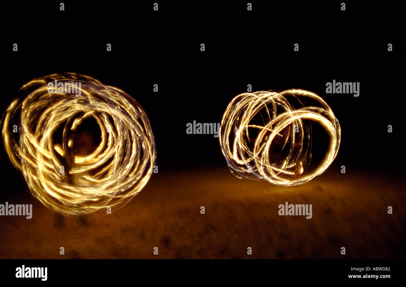 Two men swinging fire chains on Pulau Weh beach Sumatra Stock Photo - Alamy