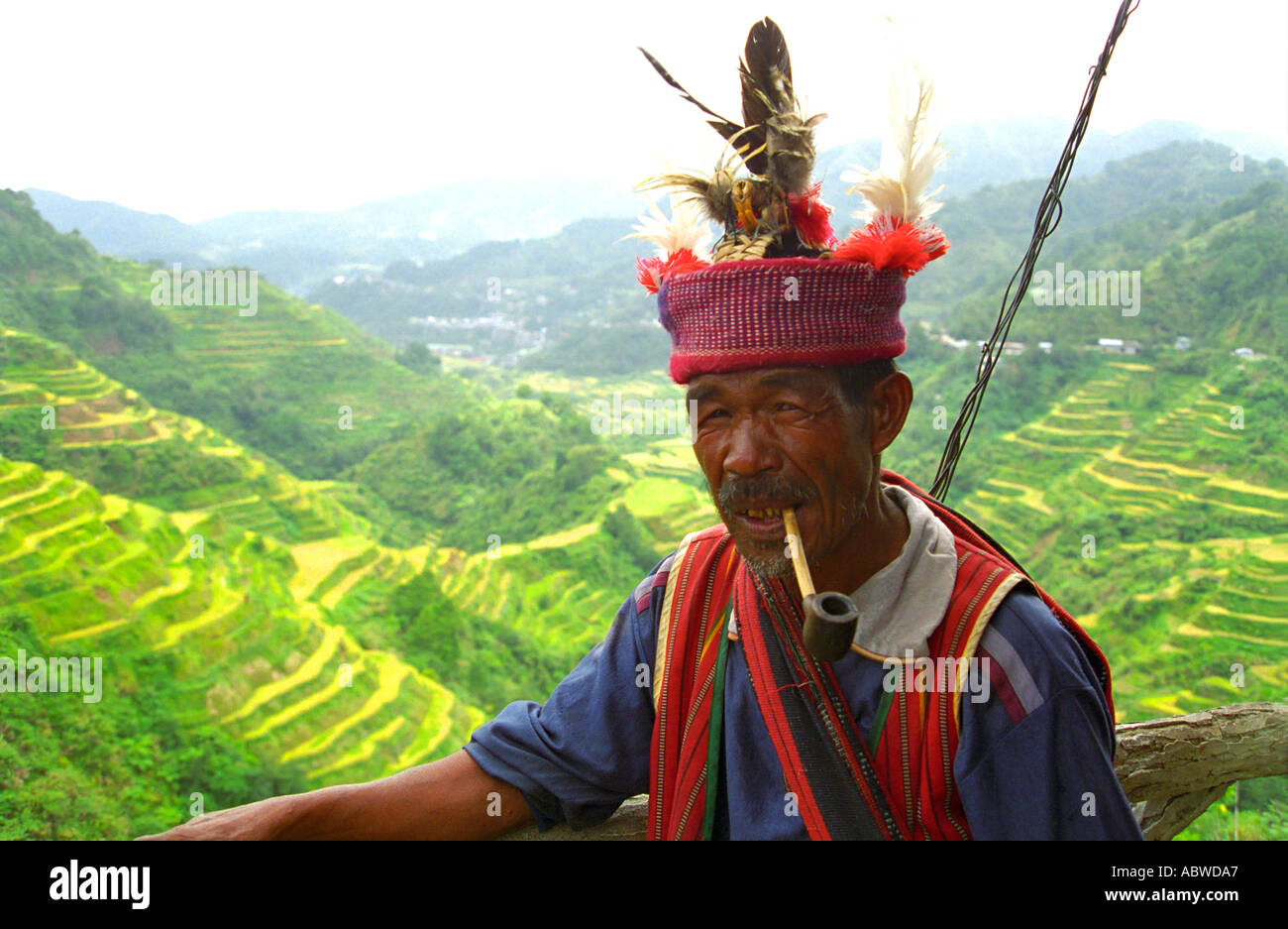 Man from Bananua in front of view of rice terrace Philippines  Stock Photo