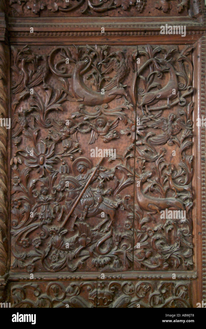 Carved timber door relief cut hew carve George and dragon Zografos ...